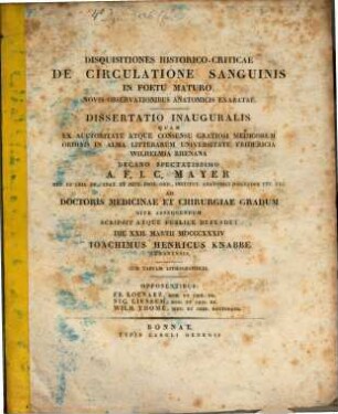 Disquisitiones hist.-crit. de circulatione sanguinis in foetu maturo, novis observationibus anat. exaratae : Diss. inaug. ; cum tab. lith. IV