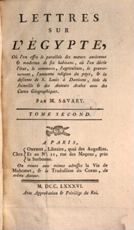 Lettres sur l'Egypte, 2. (1786)