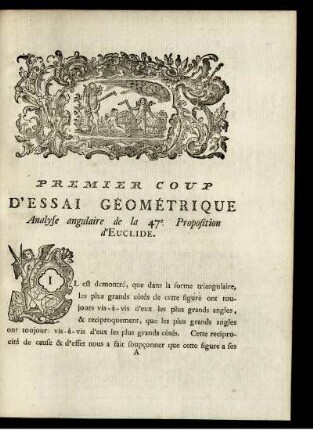 Premier Coup D'Essai Géometrique. Analyse angulaire de la 47e. Proposition d'Euclide.