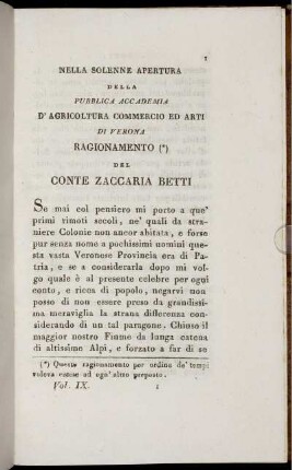 Nella solenne apertura della pubblica Accademia d'Agricoltura, Commercio ed Arti di Verona Ragionamento