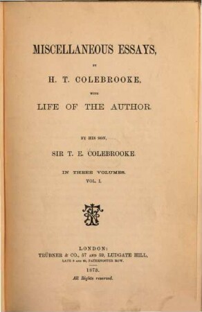 The life of H. T. Colebrooke by his son, Sir T. E. Colebrooke