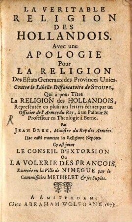 La veritable Religion des Hollandois