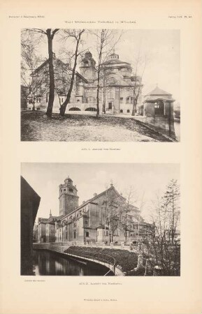 Karl Müllersches Volksbad, München: Ansichten (aus: Atlas zur Zeitschrift für Bauwesen, hrsg. v. Ministerium der öffentlichen Arbeiten, Jg. 52, 1902)