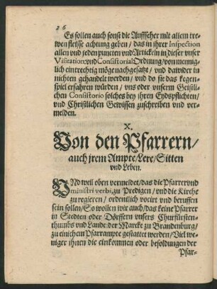 X. Von den Pfarrern/ auch irem Ampte/ Lere/ Sitten und Leben.