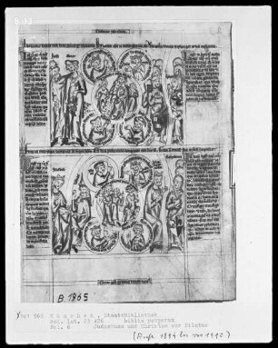 Biblia pauperum — Bildseite mit zwei Gruppen typologischer Szenen, Folio 6recto