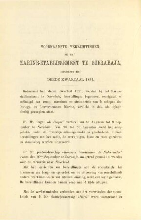 Voornaamste verrichtingen bij het Marine-etablissement te Soerabaja gedurende het derde kwartaal 1897