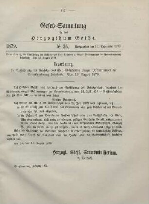 36. Verordnung, die Ausführung des Reichsgesetzes über Abänderung einiger Bestimmungen der Gewerbeordnung betreffend. Vom 13. August 1879