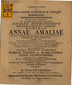 Commentatio de titulo Matris castrorum in antiquis monumentis