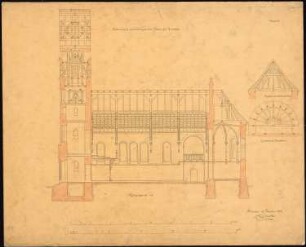 Evangelische Kirche, Reichthal: Längsschnitt Kirche, Querschnitt und Grundriss des Chordachs, Grundriss Turm, 2 Maßstabsleisten (Fuß rhl., Meter)
