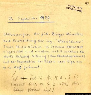 Verzeichnis der sog. "Judenhäuser" Münsters und ihrer jüdischen Einwohner