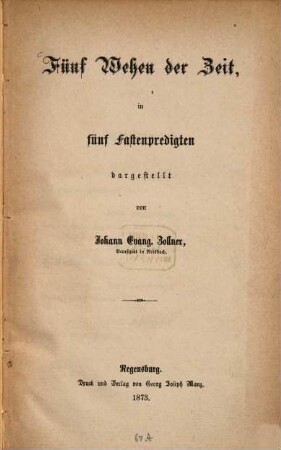 Fünf Wehen der Zeit : in fünf Fastenpredigten dargestellt