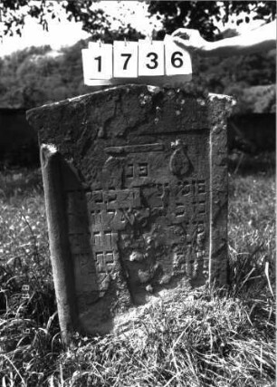 Grabstein 1736 (Index: 100097666) Maße HxBxT: 94x68x12 cm Symbolik: Beschneidungsmesser Besonderheit: kulturhistorisch wertvoll / hist.-wiss. Gründe (Gemeindestellung): Grabstein 1736