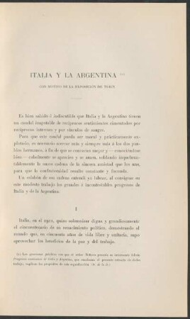 Italia y la Argentina : Con motivo de la exposición de Turín