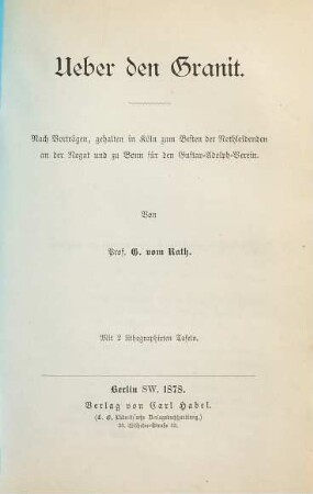 Über den Granit : nach Vorträgen, gehalten in Köln zum Besten der Nothleidenden an der Nogat und zu Bonn für den Gustav-Adolph-Verein