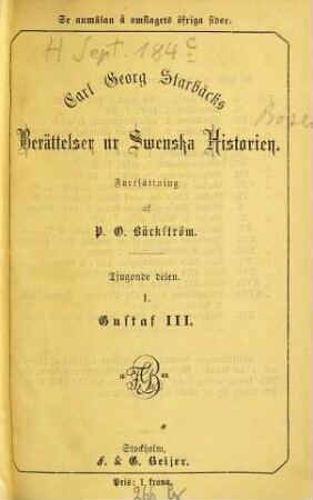 Berättelser ur Swenska Historien : Af Carl Georg Starbaeck. Forsättning af P. O. Bäckström. 20