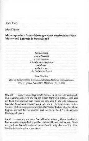 Muttersprache : Lernerfahrungen einer russlanddeutschen Mutter und Lehrerin in Deutschland