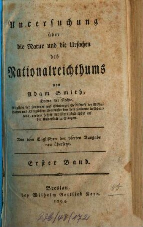 Untersuchung über die Natur und die Ursachen des Nationalreichthums, 1