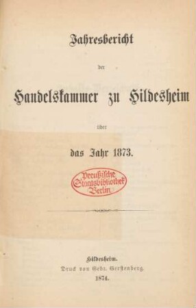 1873: Jahresbericht der Handelskammer zu Hildesheim