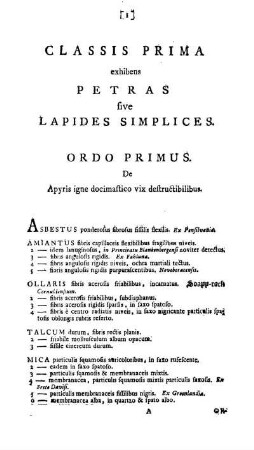 Classis Prima exhibens Petras sive Lapides Simplices