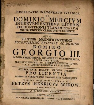 Diss. inaug. iur. de dominio mercium intervenientibus literis recognitionis transmissarum moto concursu creditoribus cedente