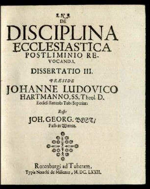 De Disciplina Ecclesiastica Postliminio Revocanda. Dissertatio III.