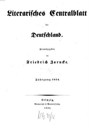 Literarisches Zentralblatt für Deutschland. 1854