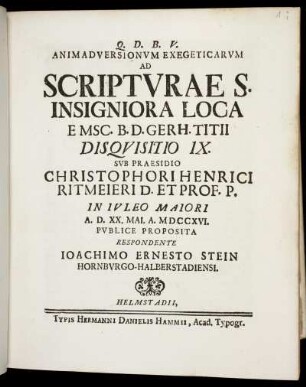 Animadversionvm Exegeticarvm Ad Scriptvrae S. Insigniora Loca E Msc. B. D. Gerh. Titii Disqvisitio IX