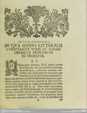 Sectio I. Philologica. In Qua Sensus Litteralis Cuiuscumque Vocis Et Phrasis Distincte Proponitur Et Probatur