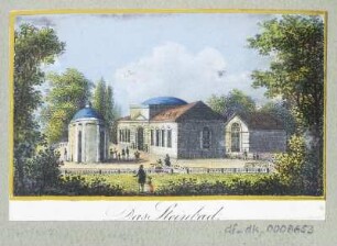Ansicht vom Steinbad in Teplitz, Radierung, 1840 : Das Steinbad, [ca. 1840]. - 1 Kunstblatt : kol. Radierung ; 8,0 x 4,8 cm