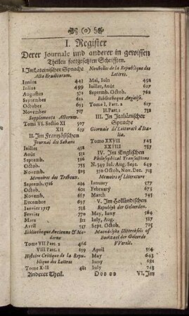I. Register Derer Journale und anderer in gewissen Theilen fortgesetzten Schrifften.