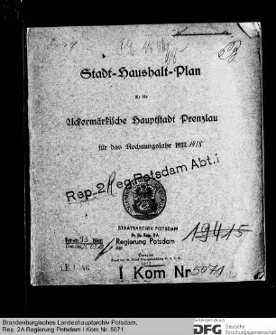 Haushaltsplan der Stadt Prenzlau für das Rechnungsjahr 1918