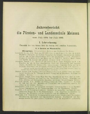 Jahresbeicht über die Fürsten und Landesschule Meissen vom Juli 1884 bis Juli 1885