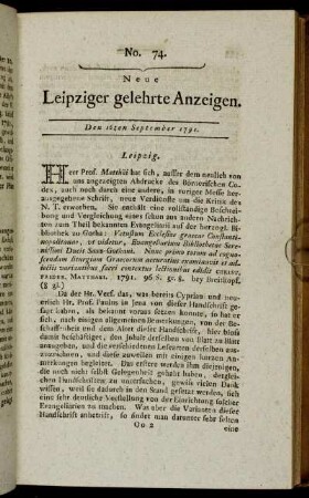 No. 74. Den 16ten September 1791.