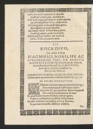 III. Epicedium, In Obitum ... Achatii Hohenfelderi