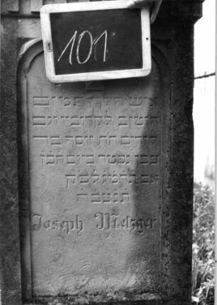 Grabstein 101 (Index: 99937111) Material: Sandstein Zustand: leicht verwittert Maße HxBxT: 123x59x19 cm Beschreibung: Stele, Sockel, Rundbogenabschluß, Schriftfeld eingetieft Symbolik: Blüte im Schriftfeld: Grabstein 101 (Detailaufnahme)