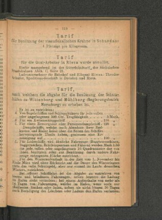Tarif, nach welchem die Abgabe für die Benützung der Schutz-häfen zu Wittenberg und Mühlberg (Regierungsbezirk Merseburg) zu erheben ist.