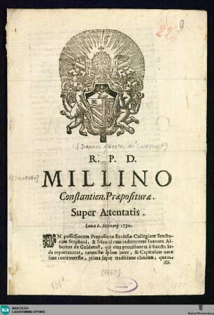 R. P. D. Millino Constantien, Praepositurae, Super Attentatis