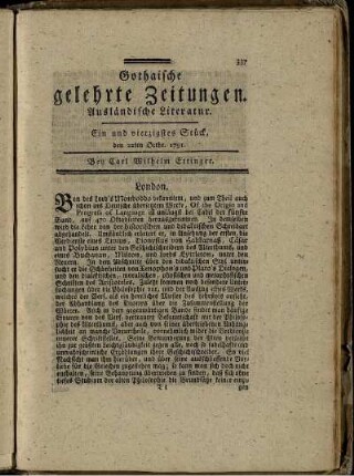 Ein und vierzigstes Stück, den 22ten Octbr. 1791.