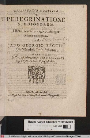 Dissertatio Politica De Peregrinatione Studiosorum