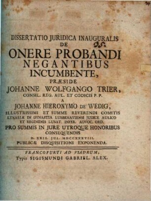 Diss. iur. inaug. de onere probandi negantibus incumbente