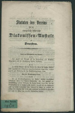 Statuten des Vereins für die evangelisch-lutherische Diakonissen-Anstalt zu Dresden