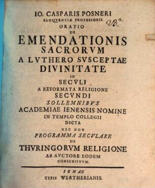Oratio de emendationis sacrorum a Luthero susceptae divinitate