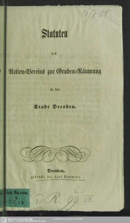 Statuten des Actien-Vereins zur Gruben-Räumung in der Stadt Dresden
