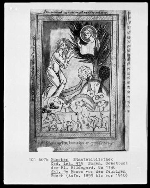 Sogenanntes Gebetbuch der heiligen Hildegard — Moses vor dem feurigen Busch, Folio 9verso