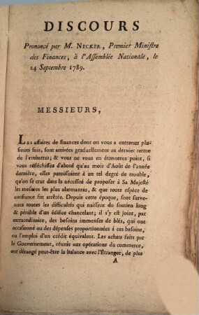 Discours : prononcé par M. Necker, à l'assemblée nationale, le 24 Septb. 1789
