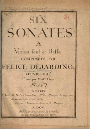 Six sonates a violon seul et basse : oeuvre VIIIe