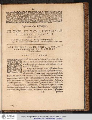 Disputatio XI. Theologica, DE XXVI. ET XXVII. INVARIATAE AUGUSTANAE CONFESSIONIS ARTICULIS.