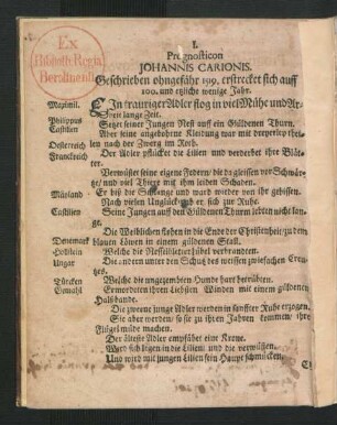 I. Prognosticon Johannis Carionis ...