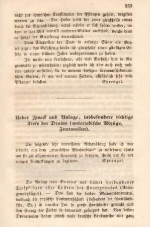 Ueber Zweck und Anlage, insbesondere richtige Tiefe der Drains (unterirdische Abzüge, Fontanellen).