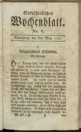 No. 6. Sonnabend, den 6ten May, 1780.